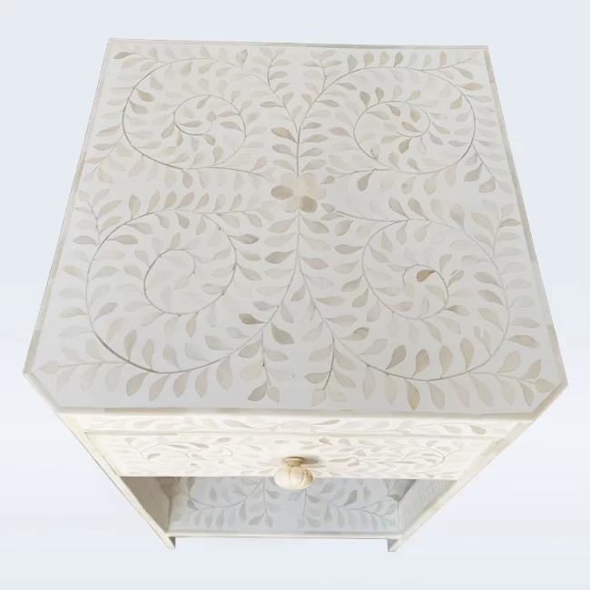 Bone Inlay White Bedside Table